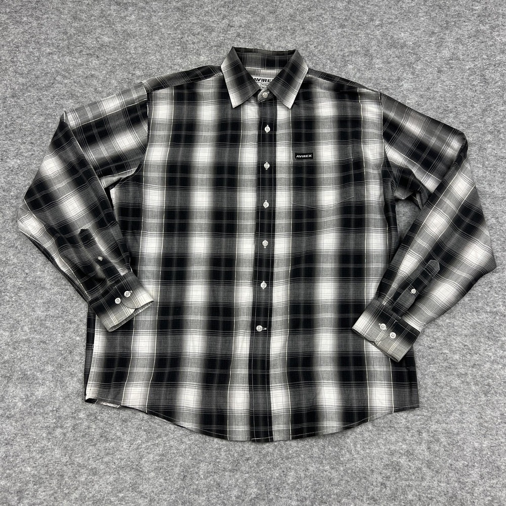 Avirex Shirt Mens L Black Plaid Long Sleeve Button Up Collared Pocket Woven